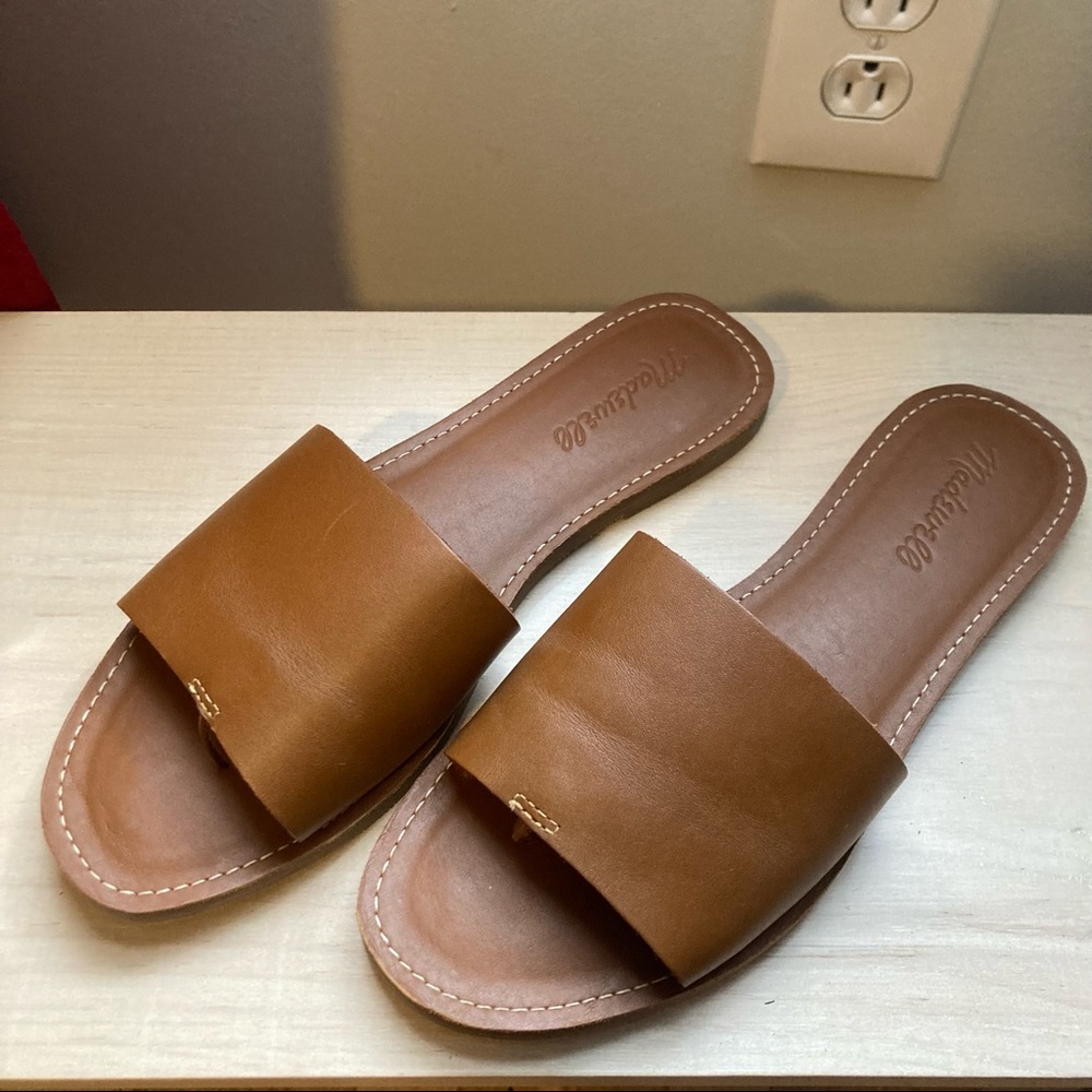 NWOT Madewell Boardwalk Post Slide Sandal in Leather in English Saddle 7.5 M